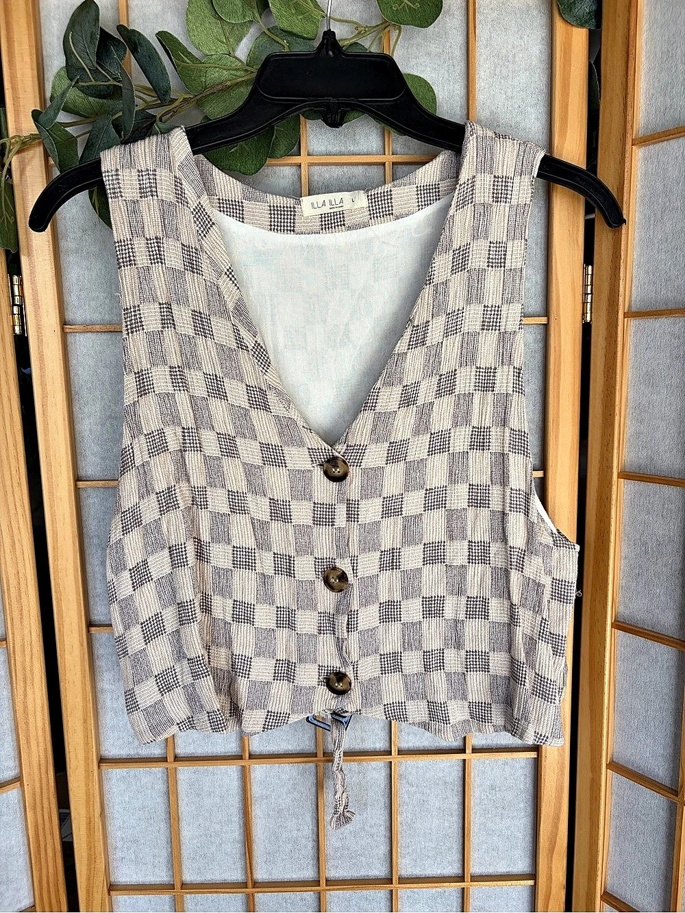 Illa Checkered Cropped Vest in Gray & White Size Large